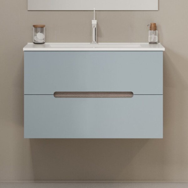 Mobilier Baie Suspendat, 80 Cm, 2 Sertare, Structură Stejar și Mască Frontală Albastru Deschis Mat | Magnolia