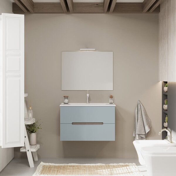 Mobilier Baie Suspendat, 80 Cm, 2 Sertare, Structură Stejar și Mască Frontală Albastru Deschis Mat | Magnolia