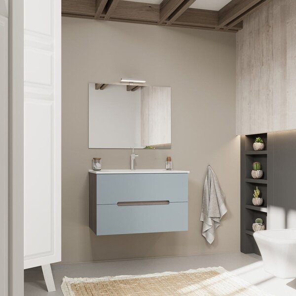 Mobilier Baie Suspendat, 80 Cm, 2 Sertare, Structură Stejar și Mască Frontală Albastru Deschis Mat | Magnolia
