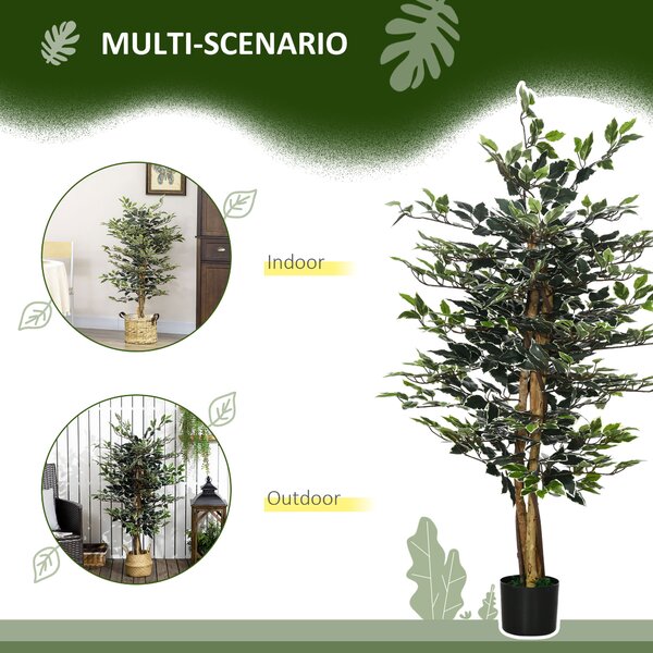 HOMCOM Ficus Artificial Înalt 130 cm cu 702 Frunze Colorate în Ghiveci, Decor Interior și Exterior, Verde Multicolor | Aosom Romania