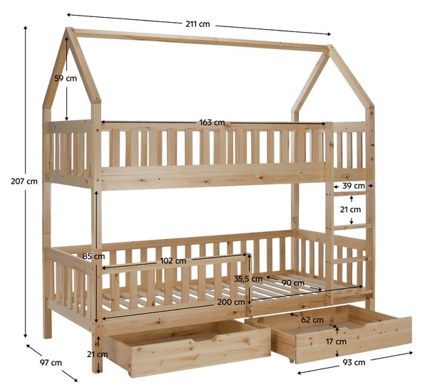 Pat etajat pentru copii 90 cm Virtuoso (natural) (cu somieră) (cu sp. depozitare). 1116556
