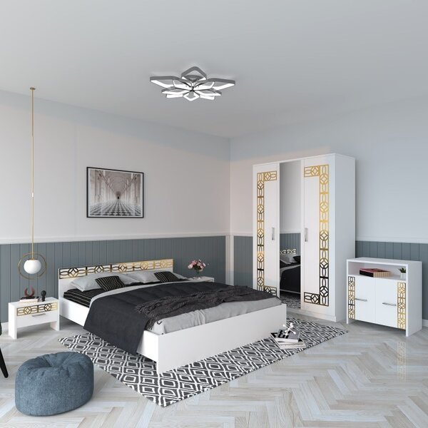 Dormitor Eva Alb Cu Oglinda + Comoda Tv 180x200