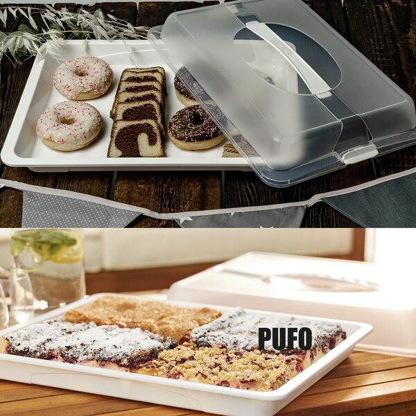 Platou Pufo Cookies cu capac transparent pentru servire torturi, prajituri, briose, produse de patiserie, 40 x 28 cm, alb