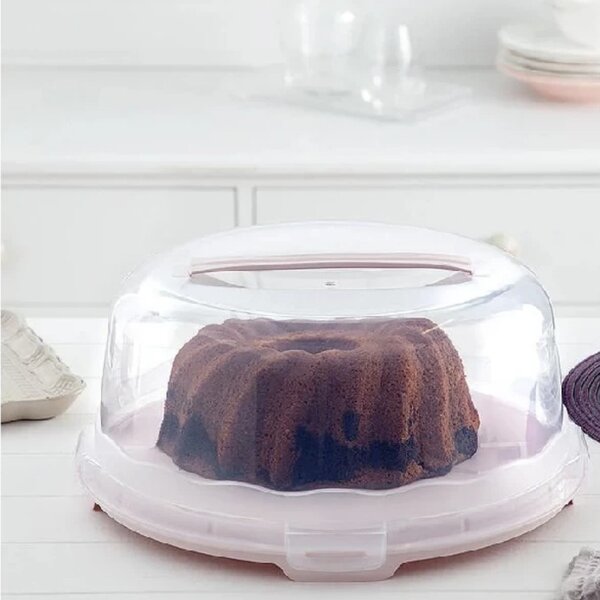 Platou rotund Pufo Cookies cu capac transparent pentru servire torturi, prajituri, briose, Ø 34 cm, roz