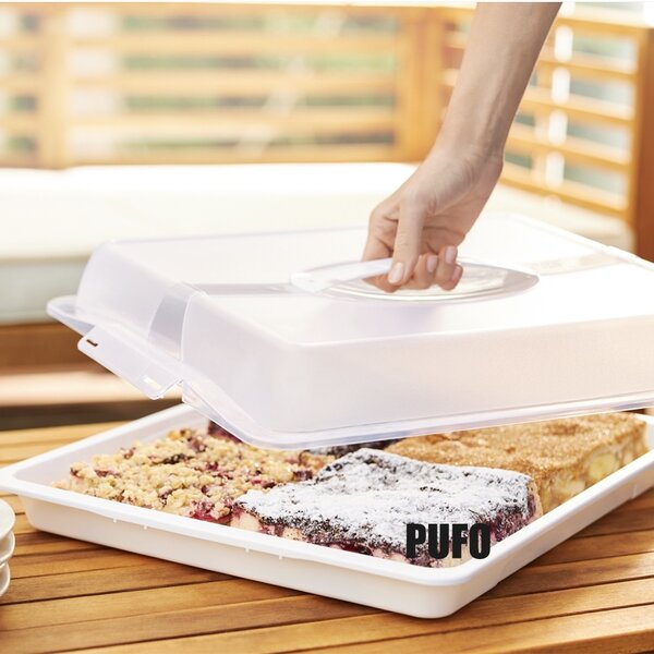 Platou Pufo Cookies cu capac transparent pentru servire torturi, prajituri, briose, produse de patiserie, 40 x 28 cm, alb