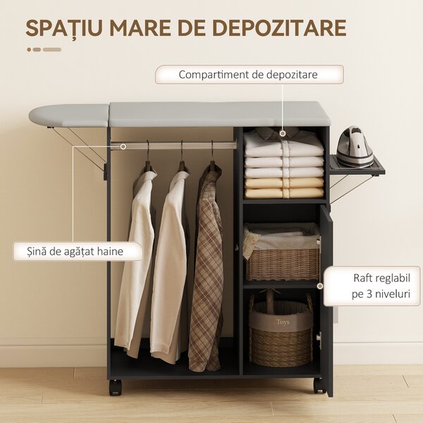 HOMCOM Dulap Masa Calcat – 3 Rafturi, Blat Burete & Ghidaj Rufe | Aosom Romania