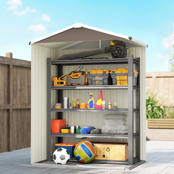 Outsunny Magazie de Grădină 1.1m² din Oțel Galvanizat, Capannă de Grădină cu Ușă Glisantă Blocabilă, Acoperiș Înclinat, Mănuși, Magazie pentru Unelte, 136x87x179 cm, Maro | Aosom Romania