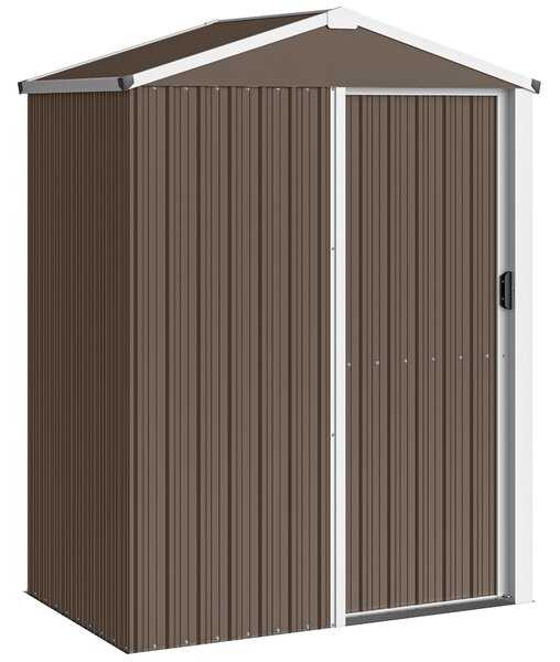 Outsunny Magazie de Grădină 1.1m² din Oțel Galvanizat, Capannă de Grădină cu Ușă Glisantă Blocabilă, Acoperiș Înclinat, Mănuși, Magazie pentru Unelte, 136x87x179 cm, Maro | Aosom Romania