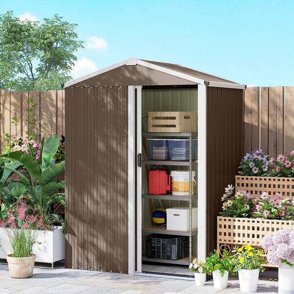 Outsunny Magazie de Grădină 1.1m² din Oțel Galvanizat, Capannă de Grădină cu Ușă Glisantă Blocabilă, Acoperiș Înclinat, Mănuși, Magazie pentru Unelte, 136x87x179 cm, Maro | Aosom Romania