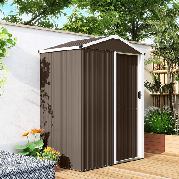 Outsunny Magazie de Grădină 1.1m² din Oțel Galvanizat, Capannă de Grădină cu Ușă Glisantă Blocabilă, Acoperiș Înclinat, Mănuși, Magazie pentru Unelte, 136x87x179 cm, Maro | Aosom Romania