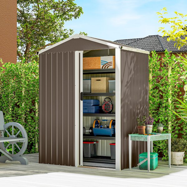 Outsunny Magazie de Grădină 1.1m² din Oțel Galvanizat, Capannă de Grădină cu Ușă Glisantă Blocabilă, Acoperiș Înclinat, Mănuși, Magazie pentru Unelte, 136x87x179 cm, Maro | Aosom Romania