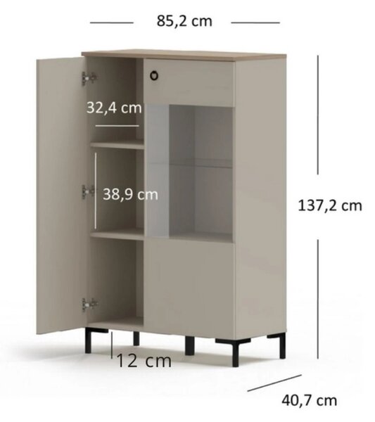 Vitrina pentru living DOMINICA, grej/stejar, PAL laminat, 86x41x137 cm