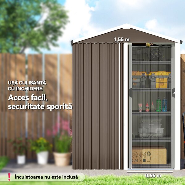 Outsunny Magazie de Grădină 1.1m² din Oțel Galvanizat, Capannă de Grădină cu Ușă Glisantă Blocabilă, Acoperiș Înclinat, Mănuși, Magazie pentru Unelte, 136x87x179 cm, Maro | Aosom Romania