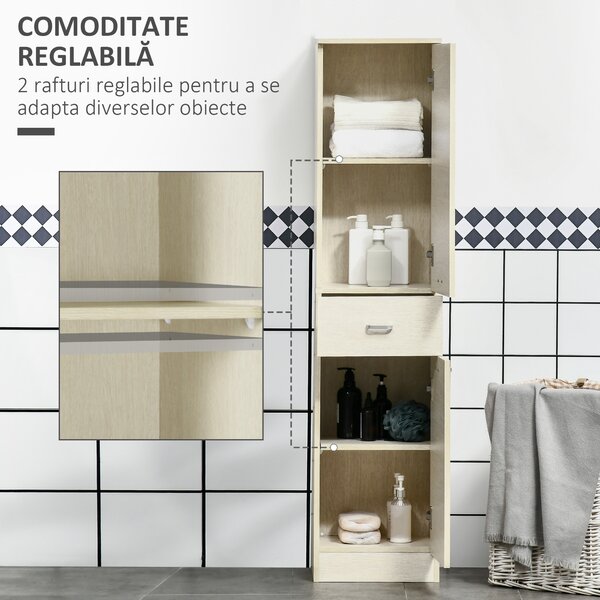 HOMCOM Dulap de Baie cu 2 Dulapuri, Sertar Central și Poliță Reglabilă pentru Depozitare și Organizare, 34x34x150 cm, Lemn Natural | Aosom Romania