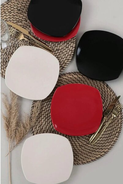 Set 6 farfurii desert 275KRM1849, alb/negru/rosu, ceramica, 22x22 cm
