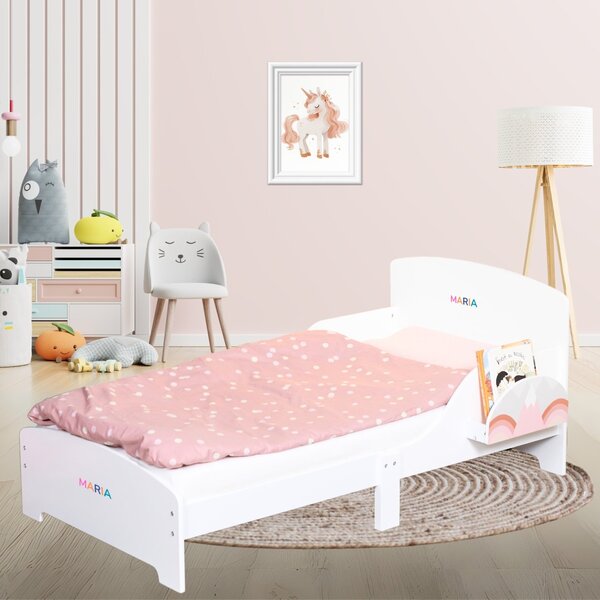 Pat Copii Suporto cu Protectie Laterala si Raft Depozitare Carti si Jucarii, Model Curcubeu, Patut pentru Fetite Varsta de 3 - 8 Ani, Mobilier din SP