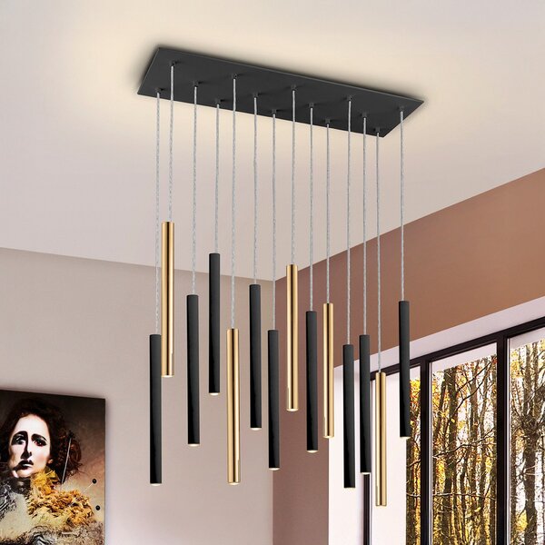 Schuller Valencia Lampă suspendată LED Varas dimabil, 14 lumini, auriu/negru, metal, reglabil, Negru, Camera de zi / sufragerie, Metal, Modern