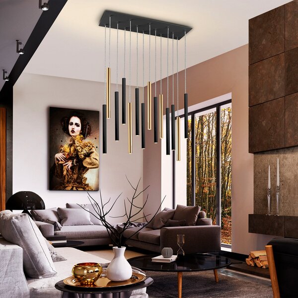 Schuller Valencia Lampă suspendată LED Varas dimabil, 14 lumini, auriu/negru, metal, reglabil, Negru, Camera de zi / sufragerie, Metal, Modern