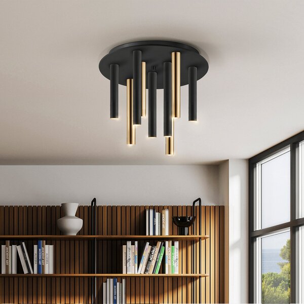 Schuller Valencia Plafonieră LED Varas dimabil, 9 becuri, auriu/negru, metal, reglabil, Negru, Camera de zi / sufragerie, Metal, Modern
