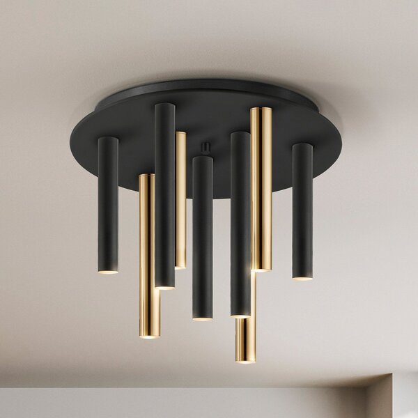 Schuller Valencia Plafonieră LED Varas dimabil, 9 becuri, auriu/negru, metal, reglabil, Negru, Camera de zi / sufragerie, Metal, Modern