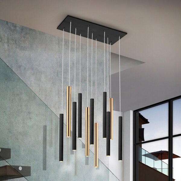 Schuller Valencia Lampă suspendată LED Varas dimabil, 11 becuri, auriu/negru, metal, reglabil, Negru, Camera de zi / sufragerie, Metal, Modern