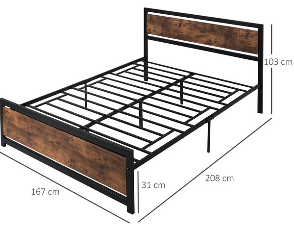 HOMCOM Cadru Pat Matrimonial din Lemn si Otel 160x200cm, Sipci Integrate si Tetiera in Stil Industrial, Negru Maro Rustic