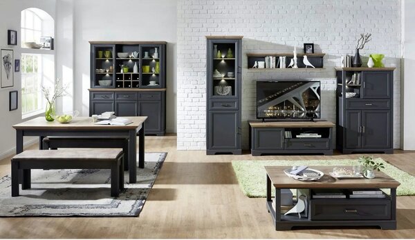 Vitrina JASMIN, gri grafit/stejar artisan, PAL/sticla, cu iluminare LE