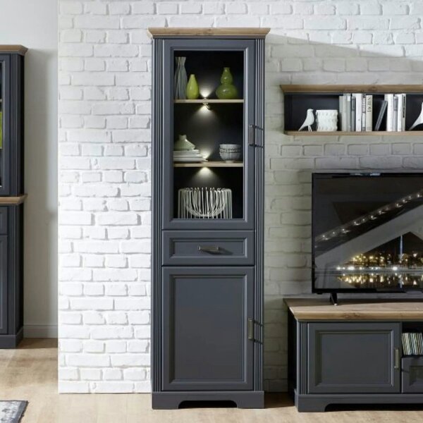 Vitrina JASMIN, gri grafit/stejar artisan, PAL/sticla, cu iluminare LE