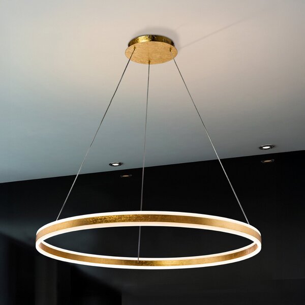 Schuller Valencia Lampă suspendată LED Helia, aurie, Ø 100 cm, metal, Auriu / Alamă, Camera de zi / sufragerie, Aluminiu