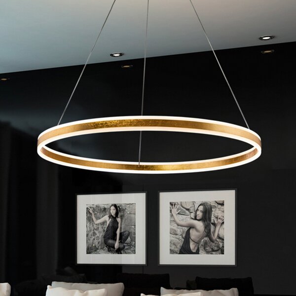 Schuller Valencia Lampă suspendată LED Helia, aurie, Ø 100 cm, metal, Auriu / Alamă, Camera de zi / sufragerie, Aluminiu
