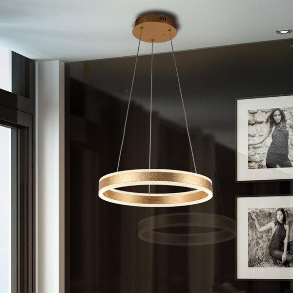 Schuller Valencia Lampă suspendată LED Helia, aurie, Ø 50 cm, metal, Auriu / Alamă, Camera de zi / sufragerie, Aluminiu
