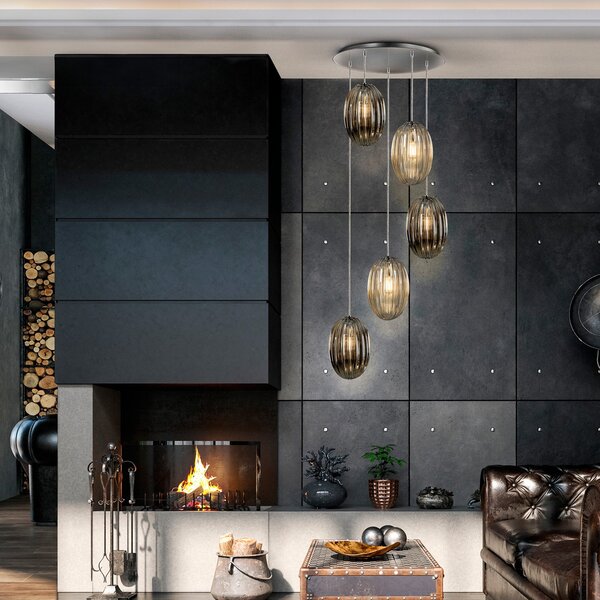 Schuller Valencia Lampă suspendată Ovila, 5 becuri, gri fumuriu/cognac, metal, sticlă, reglabil, Gri, Camera de zi / sufragerie, Sticlă