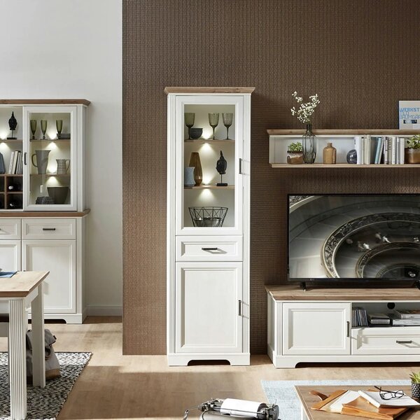 Vitrina JASMIN, alb/stejar artisan, PAL/sticla, cu iluminare LED, 66x4