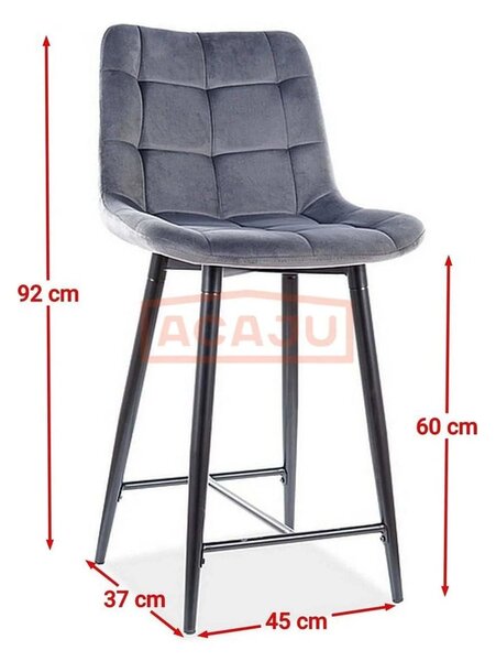 Scaun bar CHIC H-2, gri/negru mat, stofa catifelata/metal, 45x37x92 cm