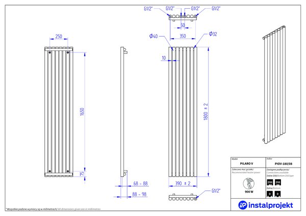 Instal Projekt Pilaro V calorifer de baie decorativ 180x39 cm alb PIOV-180/08C34
