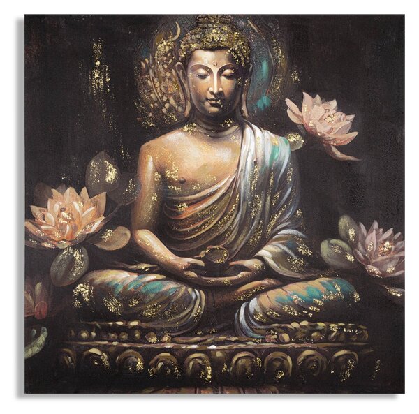 Tablou decorativ, Buddha -A, Mauro Ferretti, 100 x 100 cm, canvas imprimat si pictat/lemn de pin, multicolor
