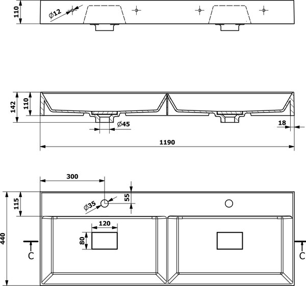 Sapho Godiva lavoar 119x44 cm dreptunghiular clasică-mobilier-dublă alb luciu GU119