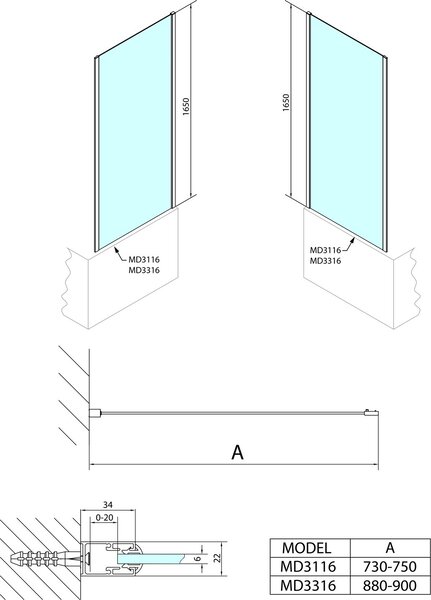 Polysan Deep perete paravan 90 cm o piesă crom luciu/sticlă transparentă MD3316