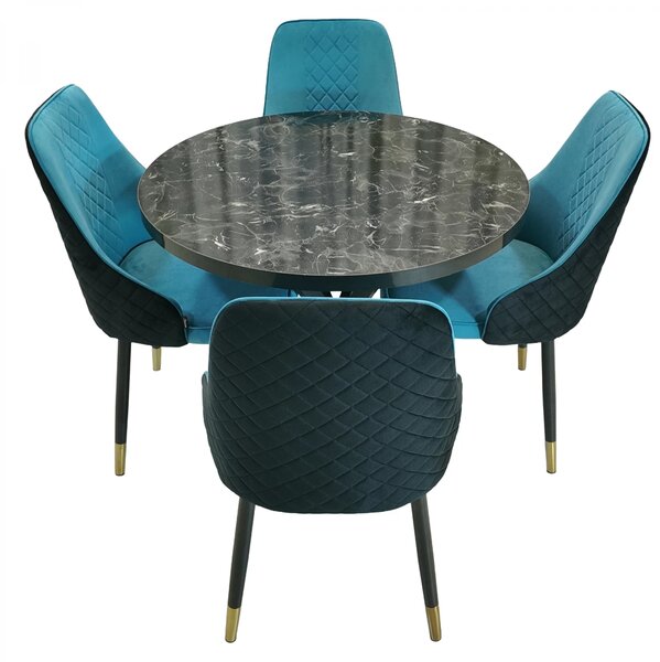 Set masa Hamburg Black Marble cu 3 scaune Modena turcoaz, DENVER, picioare metalice negre, forma rotunda, 90x73 cm