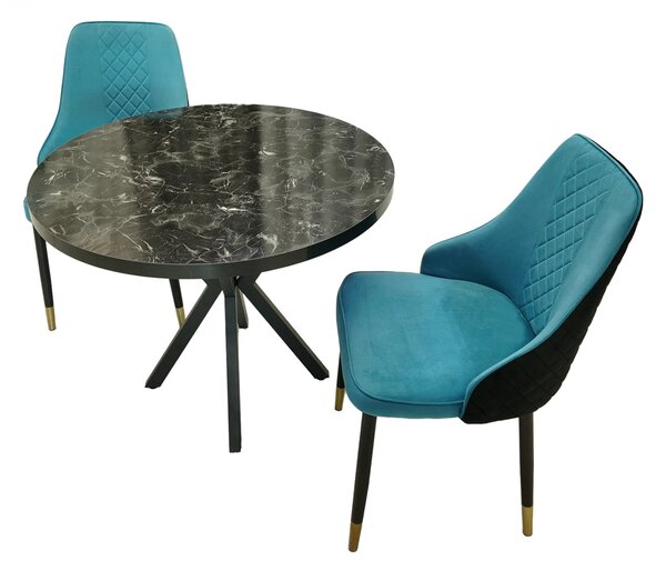 Set masa Hamburg Black Marble cu 2 scaune Modena turcoaz, DENVER, picioare metalice negre, forma rotunda, 90x73 cm
