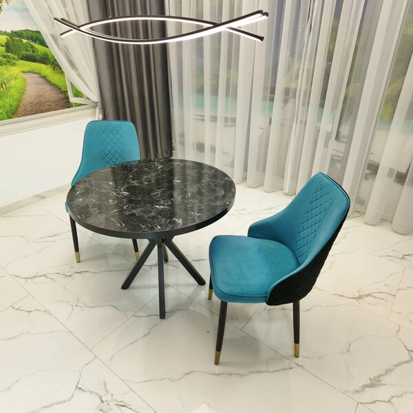 Set masa Hamburg Black Marble cu 2 scaune Modena turcoaz, DENVER, picioare metalice negre, forma rotunda, 90x73 cm
