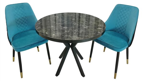Set masa Hamburg Black Marble cu 2 scaune Modena turcoaz, DENVER, picioare metalice negre, forma rotunda, 90x73 cm