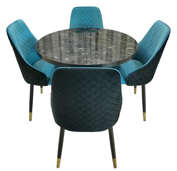 Set masa Hamburg Black Marble cu 4 scaune Modena turcoaz, DENVER, picioare metalice negre, forma rotunda, 90x73 cm