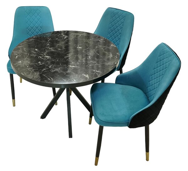 Set masa Hamburg Black Marble cu 3 scaune Modena turcoaz, DENVER, picioare metalice negre, forma rotunda, 90x73 cm