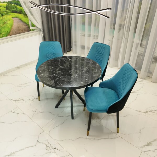Set masa Hamburg Black Marble cu 3 scaune Modena turcoaz, DENVER, picioare metalice negre, forma rotunda, 90x73 cm