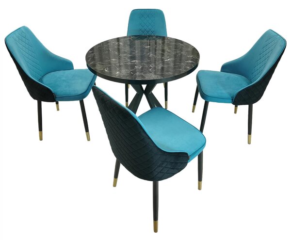 Set masa Hamburg Black Marble cu 4 scaune Modena turcoaz, DENVER, picioare metalice negre, forma rotunda, 90x73 cm