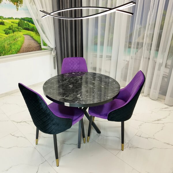 Set masa Hamburg Black Marble cu 3 scaune Modena mov, DENVER, picioare metalice negre, forma rotunda, 90x73 cm