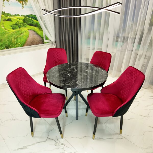 Set masa Hamburg Black Marble cu 4 scaune Modena bordo, DENVER, picioare metalice negre, forma rotunda, 90x73 cm