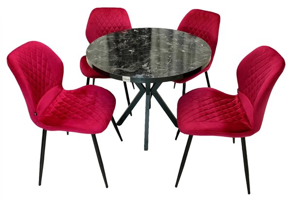 Set masa Hamburg Black Marble cu 4 scaune Goteborg bordo, DENVER, picioare metalice negre, forma rotunda, 90x73 cm