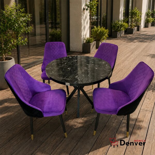 Set masa Hamburg Black Marble cu 4 scaune Modena mov, DENVER, picioare metalice negre, forma rotunda, 90x73 cm